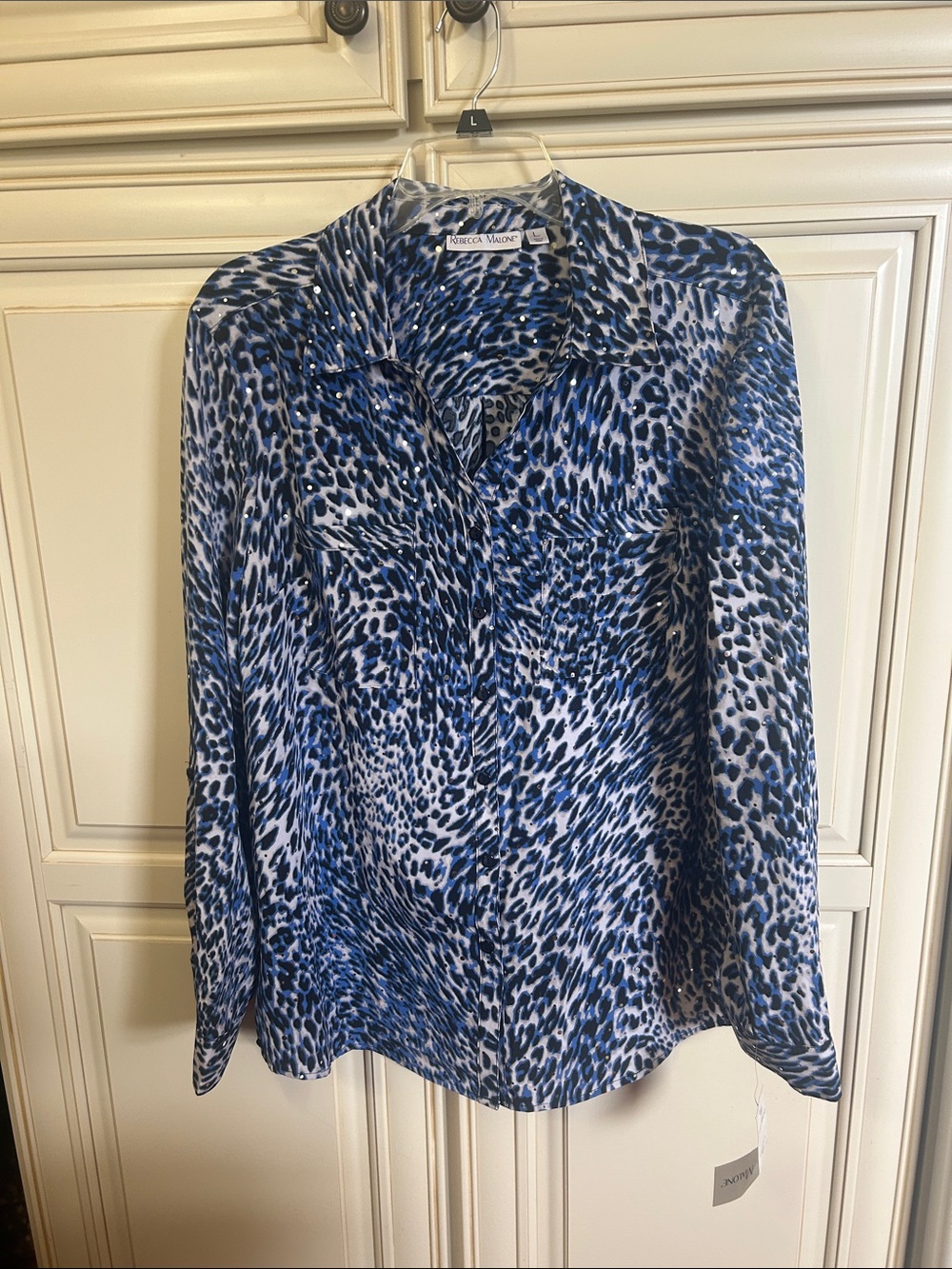 Rebecca Malone Blue, Black and White Animal-Print Button-Front Blouse